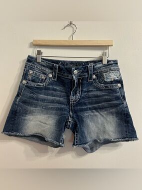 Miss Me Mid Rise Medium Wash Denim Rhinestone 5 Pocket Flap Shorts 28 Distress